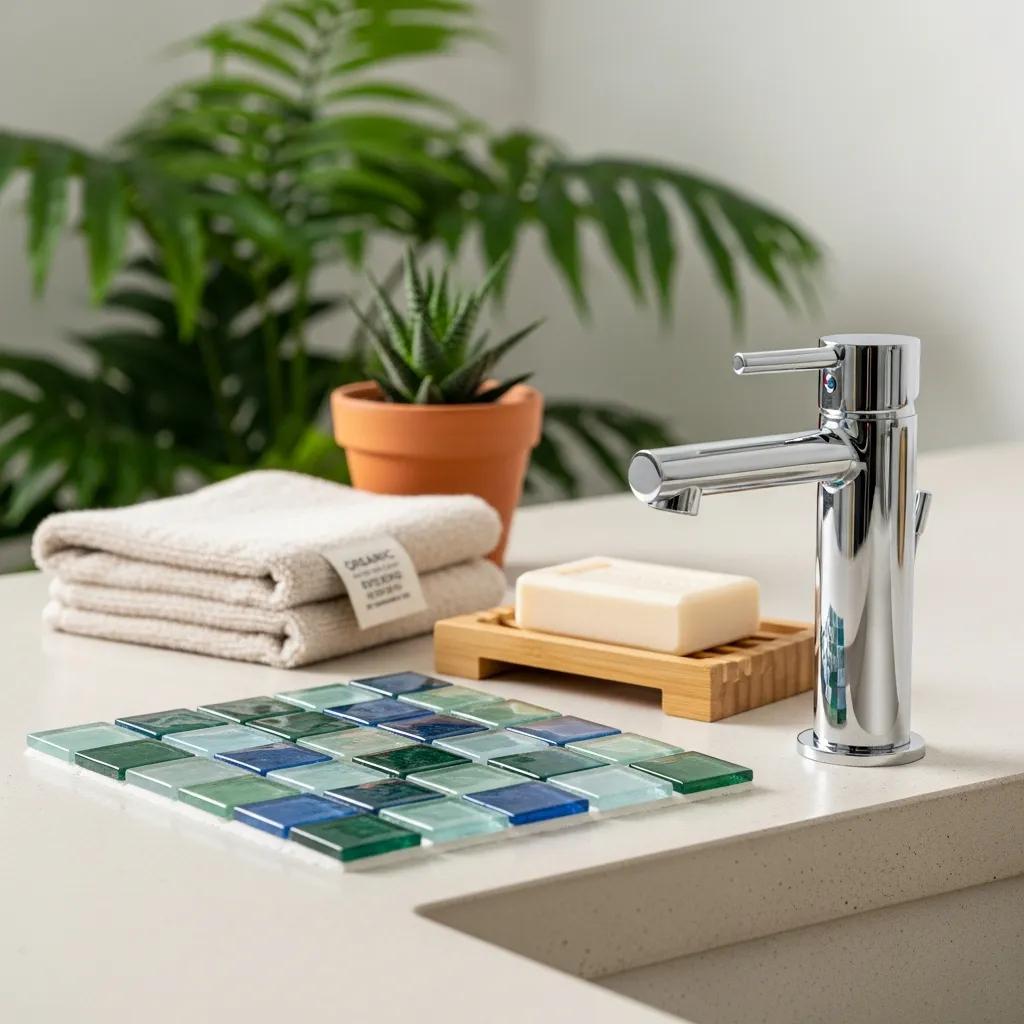 Eco-friendly bathroom materials including recycled tiles and low-flow fixtures