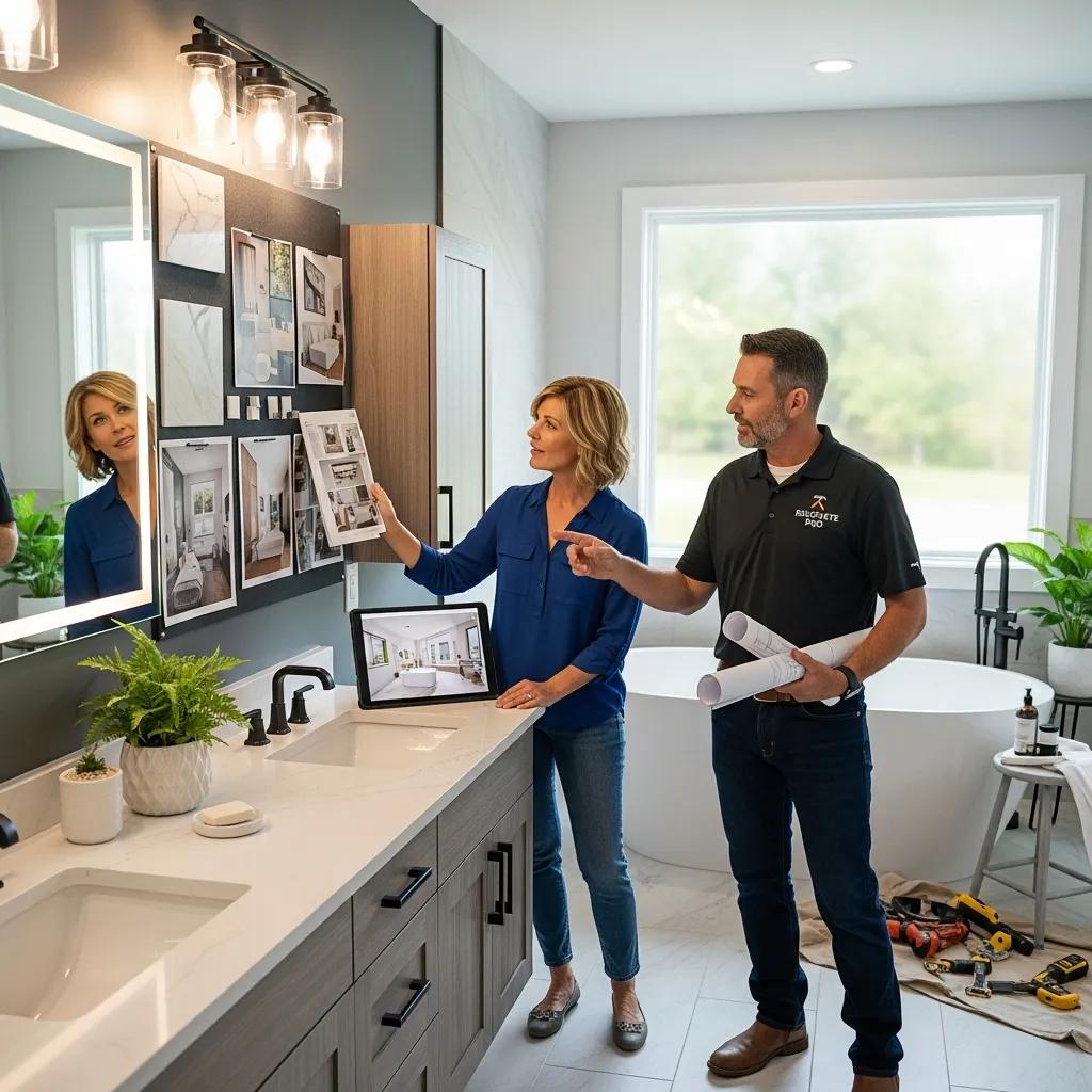 Licensed contractor consulting with homeowner about bathroom renovation services