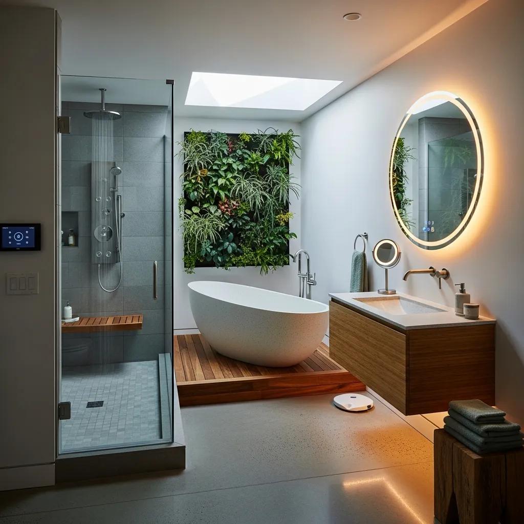 Modern bathroom showcasing the latest design trends with eco-friendly materials and smart technology